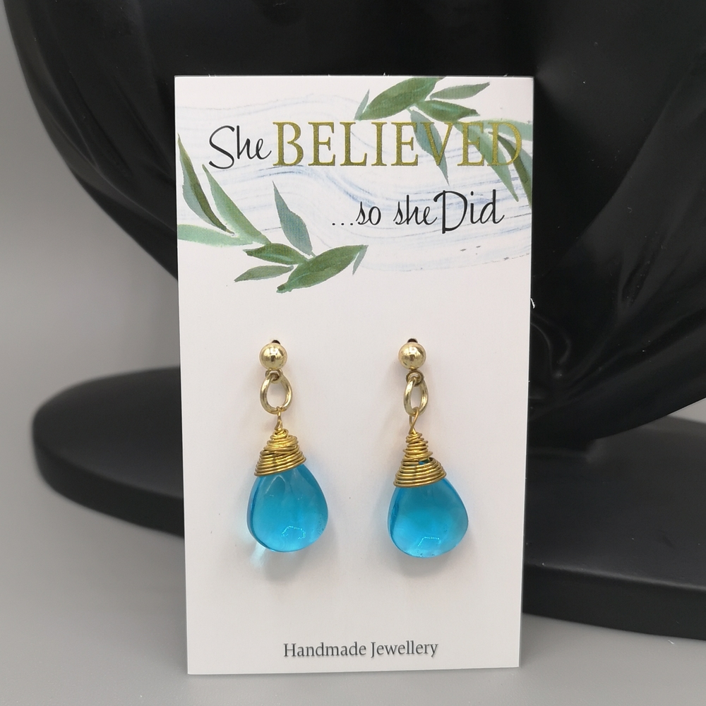 Blue Glass Bead Teardrop Golden Wire Wrapped Earrings